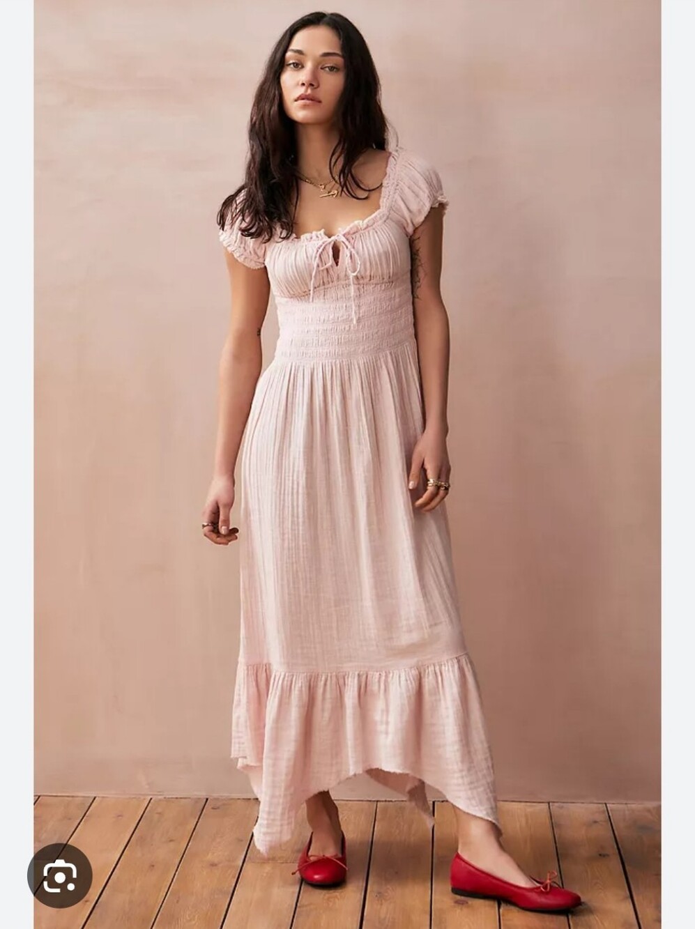 BDG Suki Midi Dress Pale Pink Gauze Ruched Bodice Midi